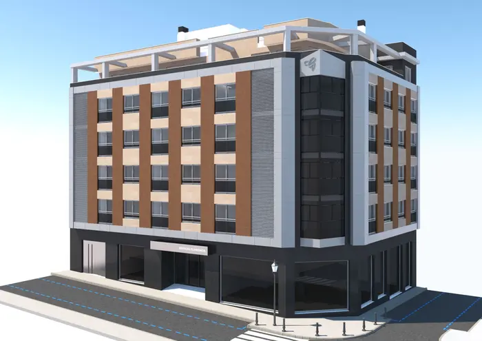 edificio de oficinas moderno con fachada en tonos marrón, beige y negro, con amplias ventanas y diseño contemporáneo